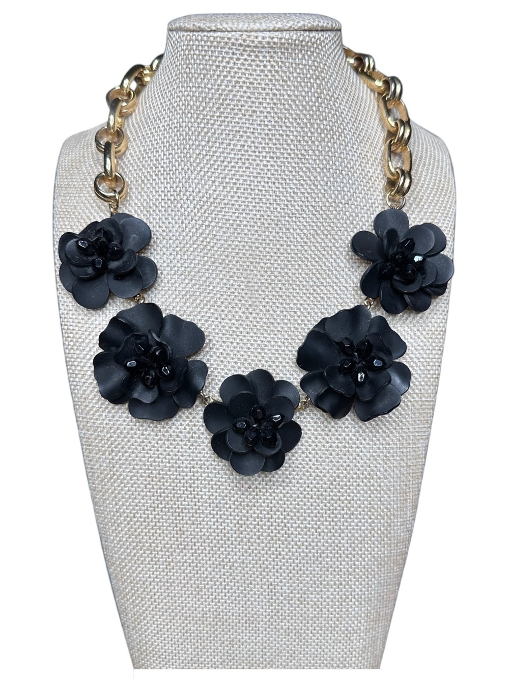 Talbots Black Floral Cluster Necklace with Gold-Tone Chain